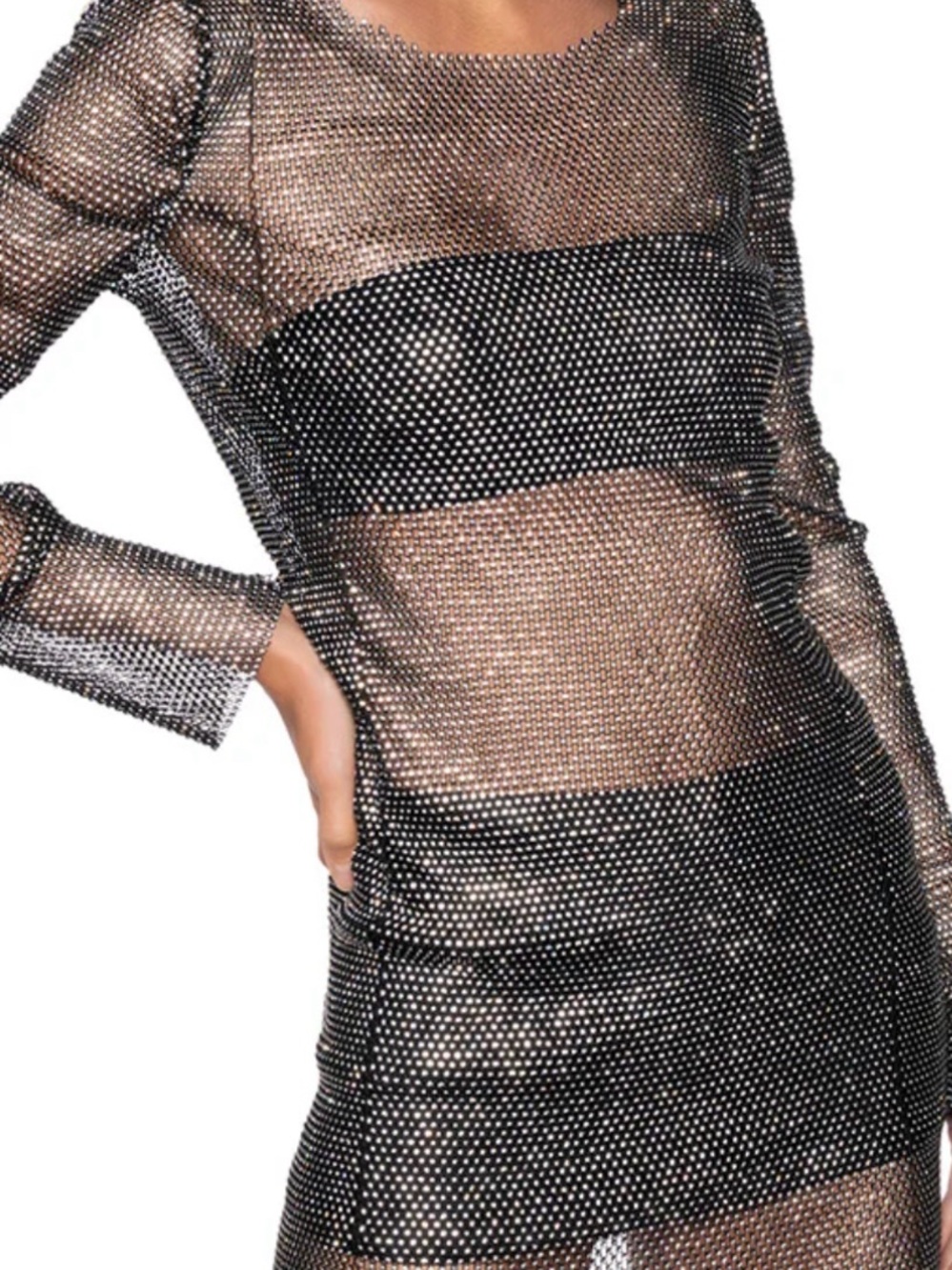 Sheer Black Rhinestone-Embellished Long Sleeve Dress